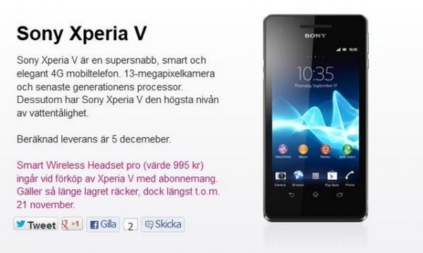 Sony Xperia V arriva in Svezia il prossimo 5 Dicembre