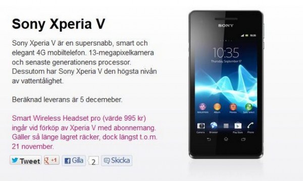 Sony Xperia V arriva in Svezia il prossimo 5 Dicembre