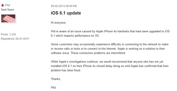 Vodafone suggerisce di non aggiornare l'iPhone 4S al nuovo iOS 6.1
